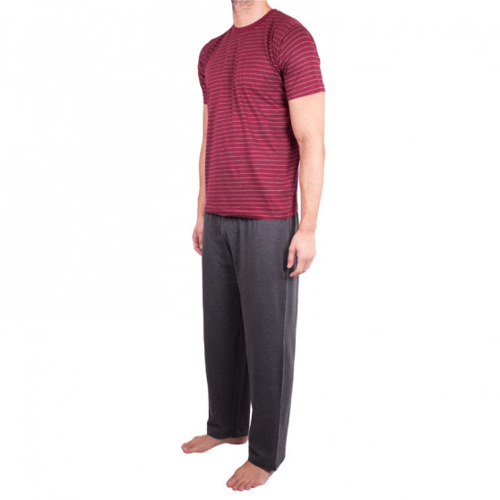 Moška dolga pižama Molvy sive in rdeče črte (KT-019)