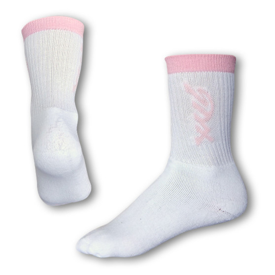 Nogavice Styx klasične bele barve z rožnatim napisom (H222)
